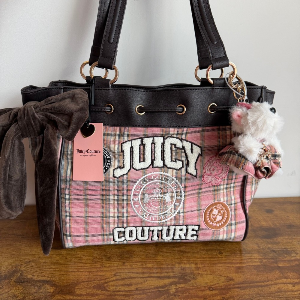 New Juicy Couture Varsity Plaid Pink Brown Daydreamer Tote Shoulder Handbag Cute